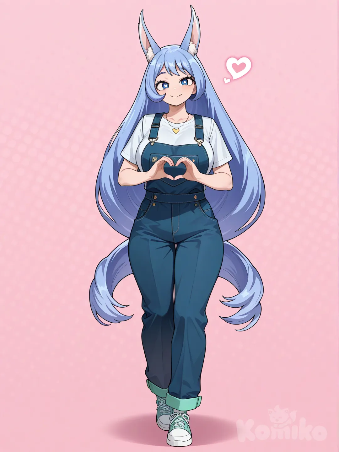 @Hadou_Nejire, heart hands, overalls, school vest, necklace, fox ears, full body, smile