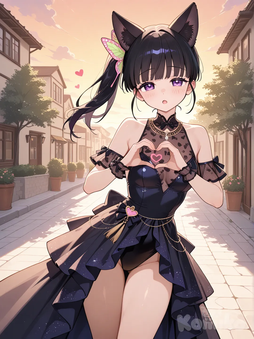 @Tsuyuri_Kanao, heart hands, open mouth, League outside, evening dress, necklace, fox ears