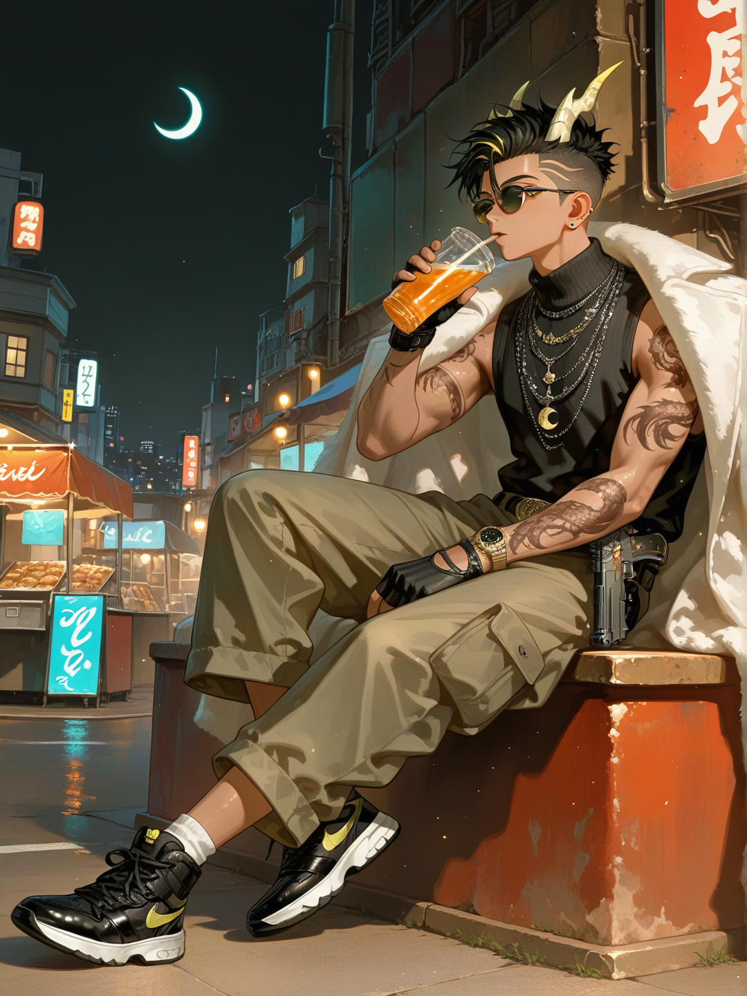 @younger-cless-kUhf, Escenario: Ciudad moderna, calle, pocos peatone, puesto de comida de calle, Younger Cless, sentado en la barra bebiendo algo, teniendo una desert eagle en el cinturon, ethereal lighting, glowing particles, volumetric lighting, city lights, night, sparkle, cabello negro, undercut, black hair, no coat, dragon horns, dargon tattos, [sensual-glossy-style], back undercut