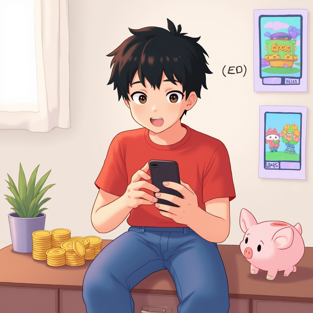 Character 0 is Adi, description: A young Indonesian man in his 20s with short black hair, brown eyes, and tan skin. He wears a red t-shirt and blue jeans. He has a slim build and an excited expression..
Adi sitting at a desk with a smartphone in his hands. There's a piggy bank filled with coins next to him. The room has posters of mobile games on the walls. Adi looks determined, anime style with soft pastel color and soft lighting