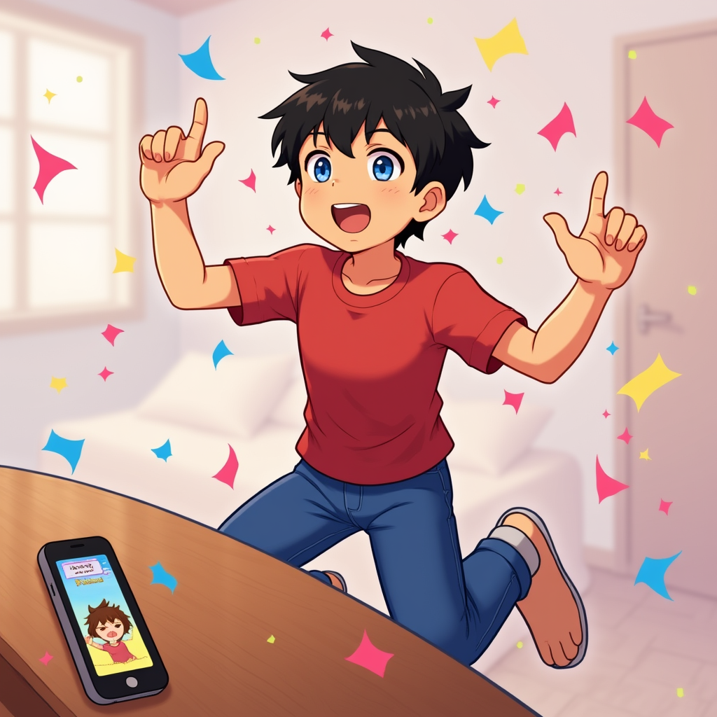 Character 0 is Adi, description: A young Indonesian man in his 20s with short black hair, brown eyes, and tan skin. He wears a red t-shirt and blue jeans. He has a slim build and an excited expression..
Adi jumping for joy in his room, arms raised high. The smartphone lies on the desk showing the epic characters. Confetti-like effects surround Adi, anime style with soft pastel color and soft lighting