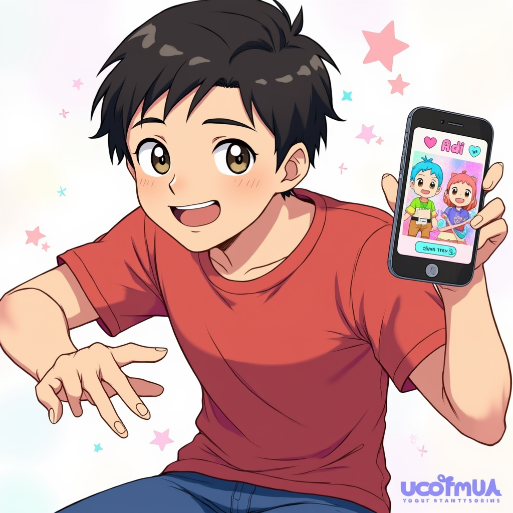 Character 0 is Adi, description: A young Indonesian man in his 20s with short black hair, brown eyes, and tan skin. He wears a red t-shirt and blue jeans. He has a slim build and an excited expression..
Close-up of Adi's smartphone screen showing a gacha game interface with colorful characters and a 'Spin 10x' button. Adi's finger hovers over the button, anime style with soft pastel color and soft lighting
