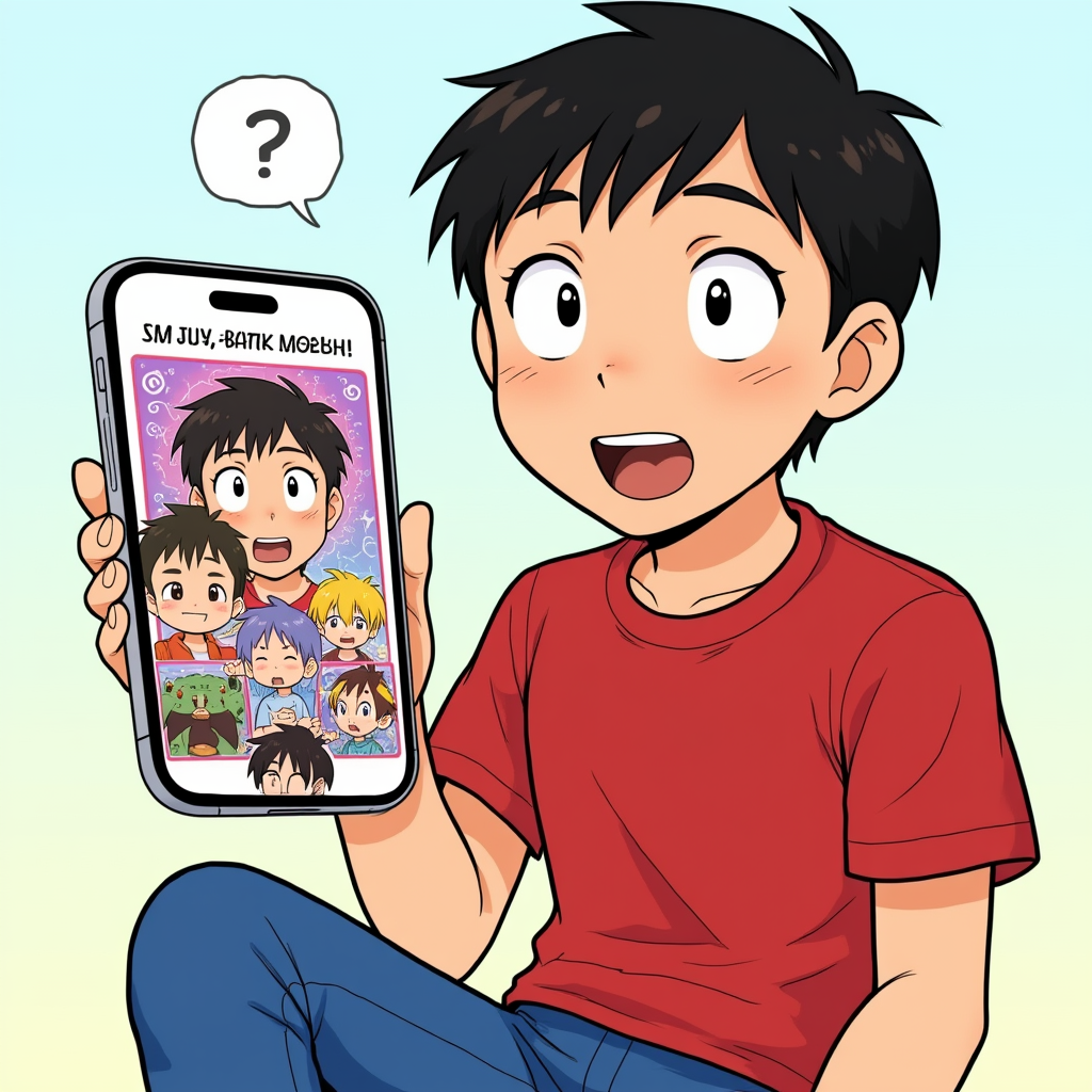 Character 0 is Adi, description: A young Indonesian man in his 20s with short black hair, brown eyes, and tan skin. He wears a red t-shirt and blue jeans. He has a slim build and an excited expression..
Adi's eyes wide with shock and excitement. The smartphone screen shows multiple epic character cards with flashy effects and animations, anime style with soft pastel color and soft lighting