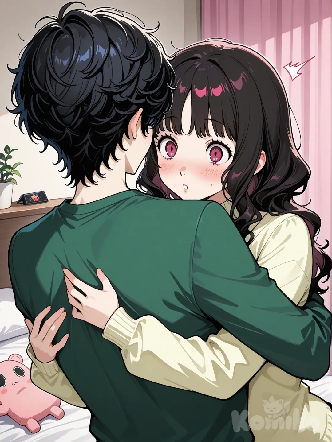 Japanese boy black hair, magenta eyes, green long sleeve shirt, surprised, blush, bedroom, 2people, sakura futaba, hugging, persona style