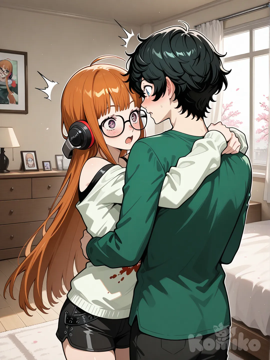 Japanese boy black hair, magenta eyes, green long sleeve shirt, surprised, blush, bedroom, 2people, sakura futaba, hugging, persona style