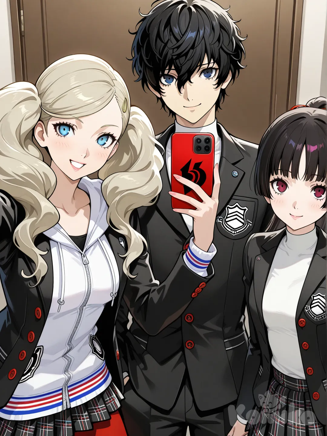 japanese male, short black hair, handsome, magenta eyes, shujin academy uniform, smiling, takamaki anne, 1boy, 1girl, selfie, 2people
