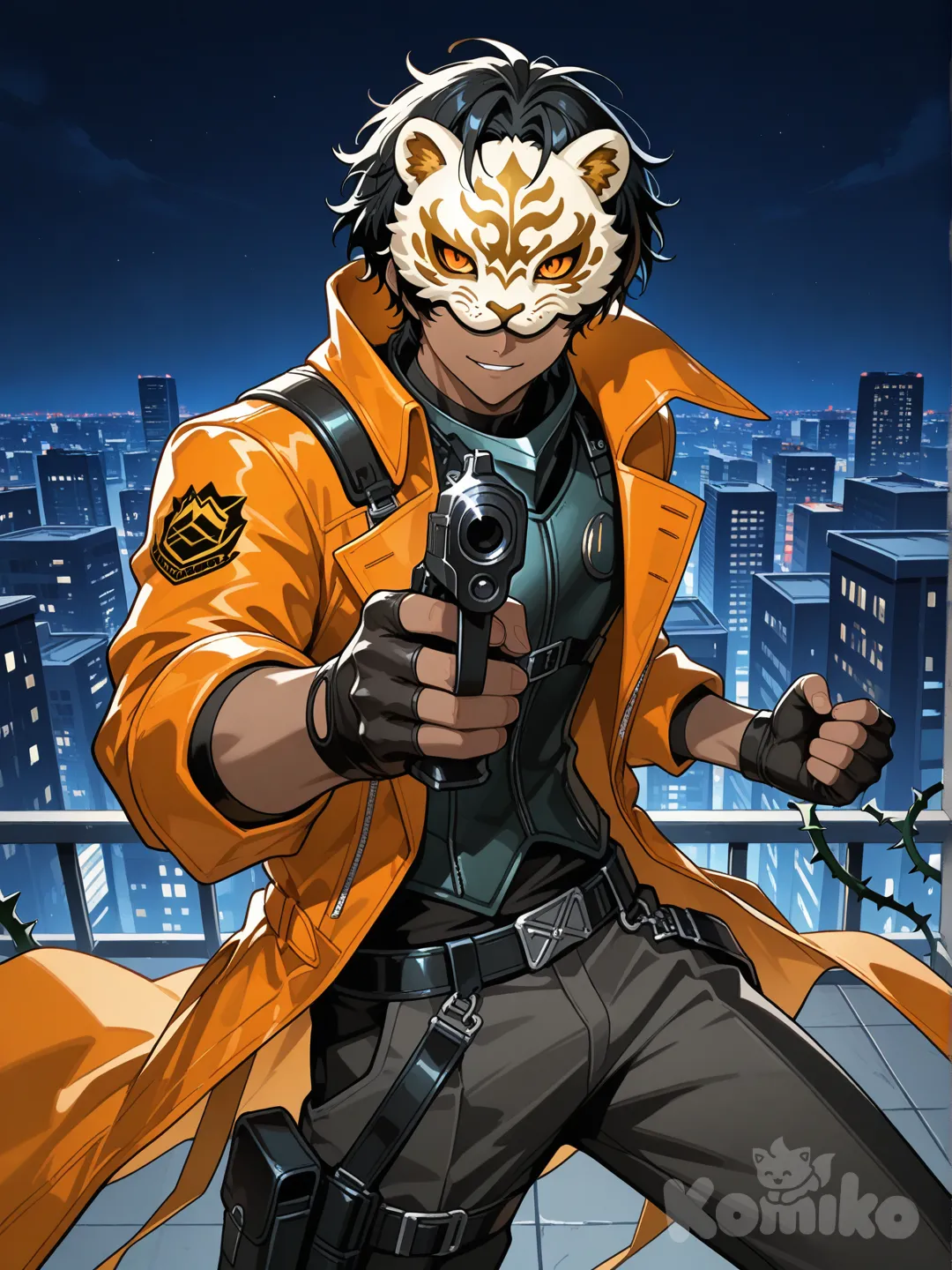 japanese male, dark skin, orange eyes, thorns (arknights), messy black hair, persona 5 style, lion mask over eyes, smirk, fingerless gloves, black and orange trench coat, body armor undershirt, claws, standing on roof, aiming pistol at viewer