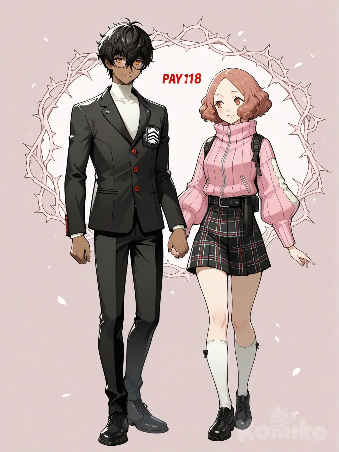 Tall japanese male, dark skin, glasses, orange eyes, thorns (arknights), messy black hair, shujin academy uniform, 2people, okumura haru, smile, persona style, holding hands