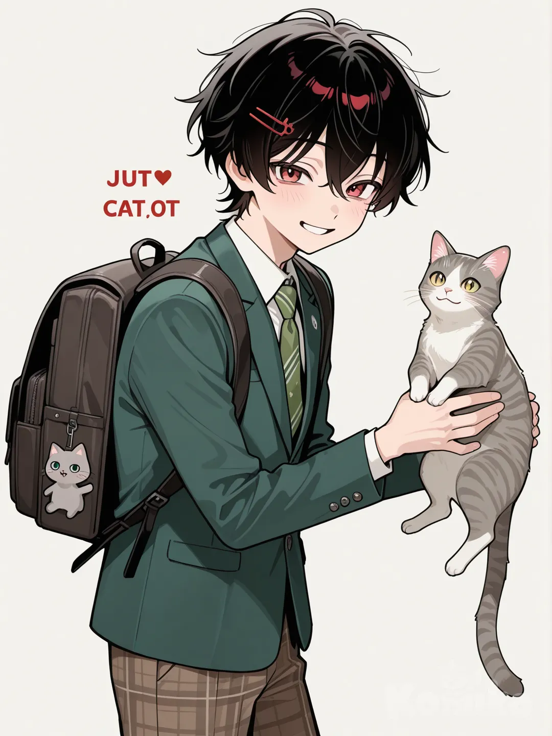 Teen suzuya juuzou, messy black hair, smile, red eyes, red hairpin, green blazer, green tie, brown plaid pants, backpack, light blush, holding gray cat