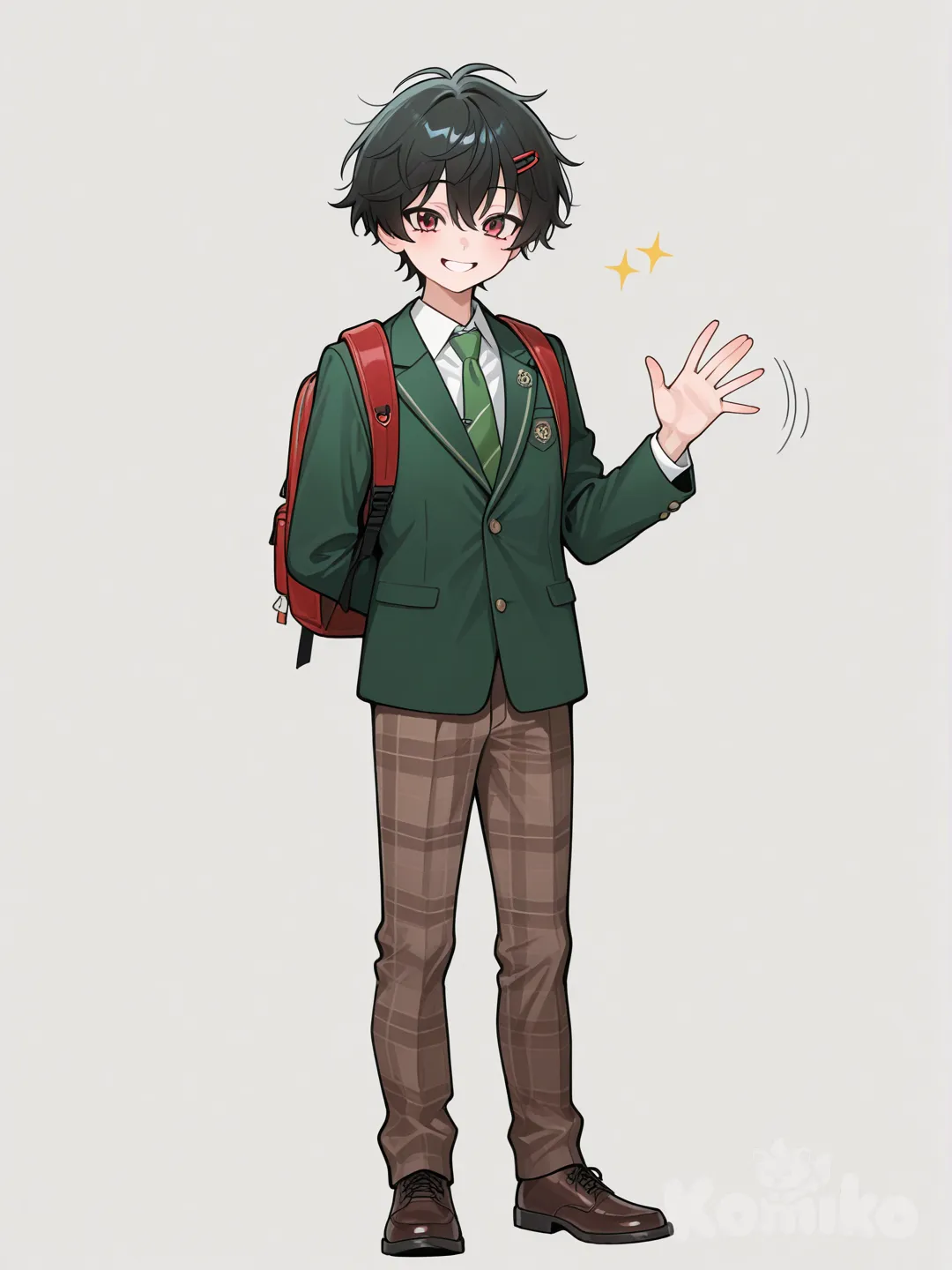 Teen suzuya juuzou, messy black hair, smile, red eyes, red hairpin, green blazer, green tie, brown plaid pants, arm behind back, waving, backpack