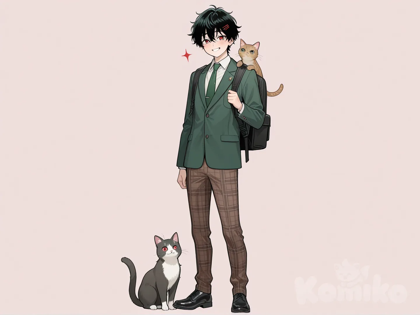 Teen suzuya juuzou, messy black hair, smile, red eyes, red hairpin, green blazer, green tie, brown plaid pants, backpack, light blush, hugging gray cat