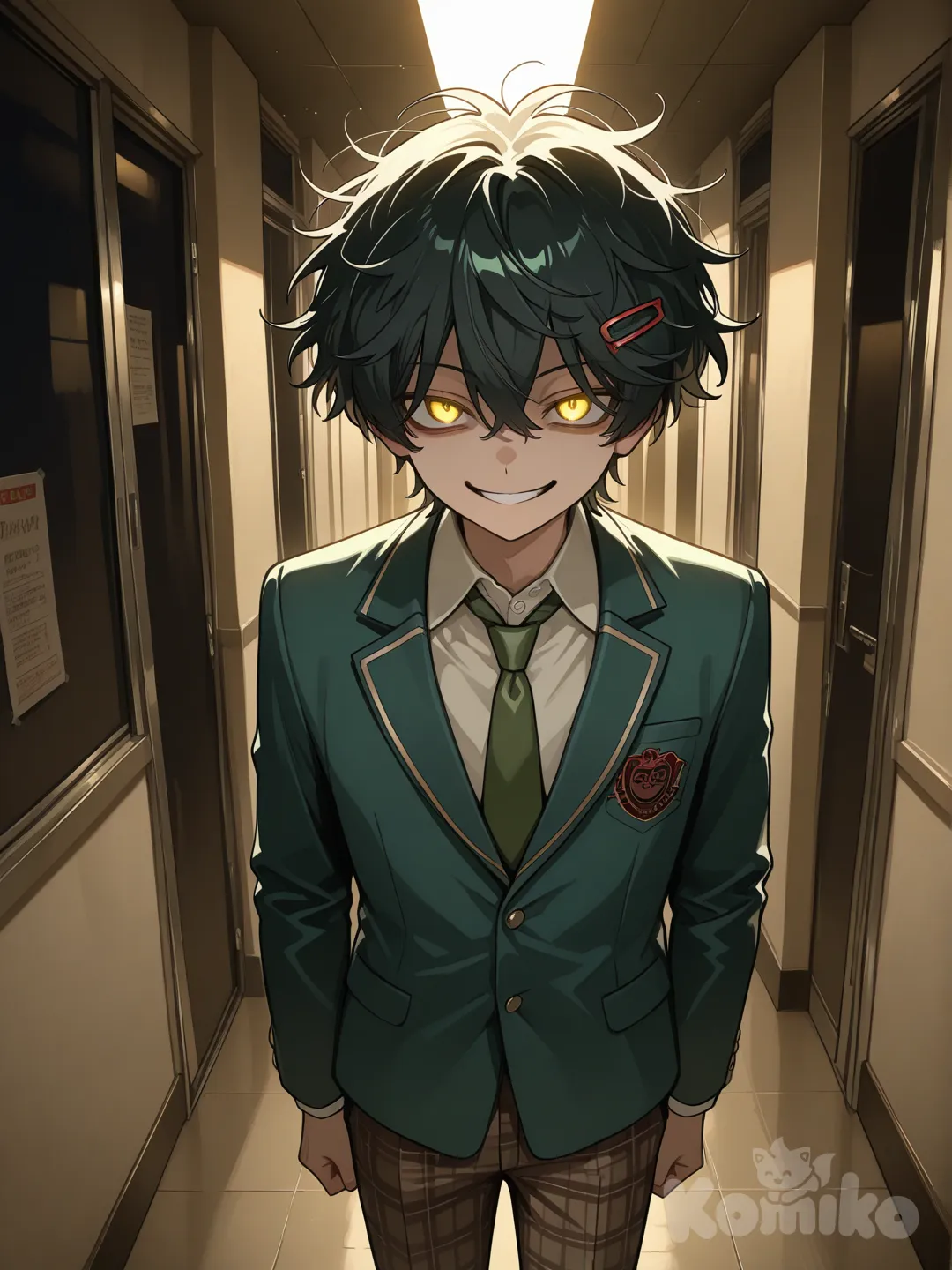 Teen suzuya juuzou, messy black hair, evil smile, glowing yellow eyes, red hairpin, green blazer, green tie, brown plaid pants, dark hallway