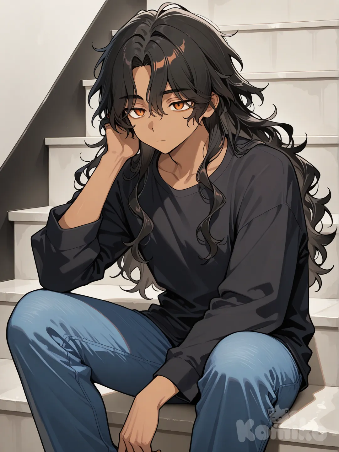 Japanese male, tall, tan skin, long black wavy hair, orange eyes, long sleeve black t shirt, blue jeans, sitting on stairs, hand in own hair, blank stare