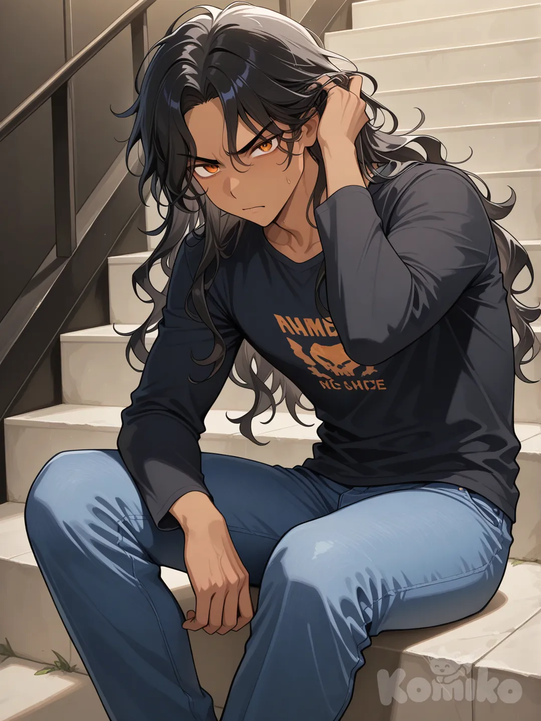 Japanese male, tall, tan skin, long black wavy hair, orange eyes, long sleeve black t shirt, blue jeans, sitting on stairs, hand in own hair, angry