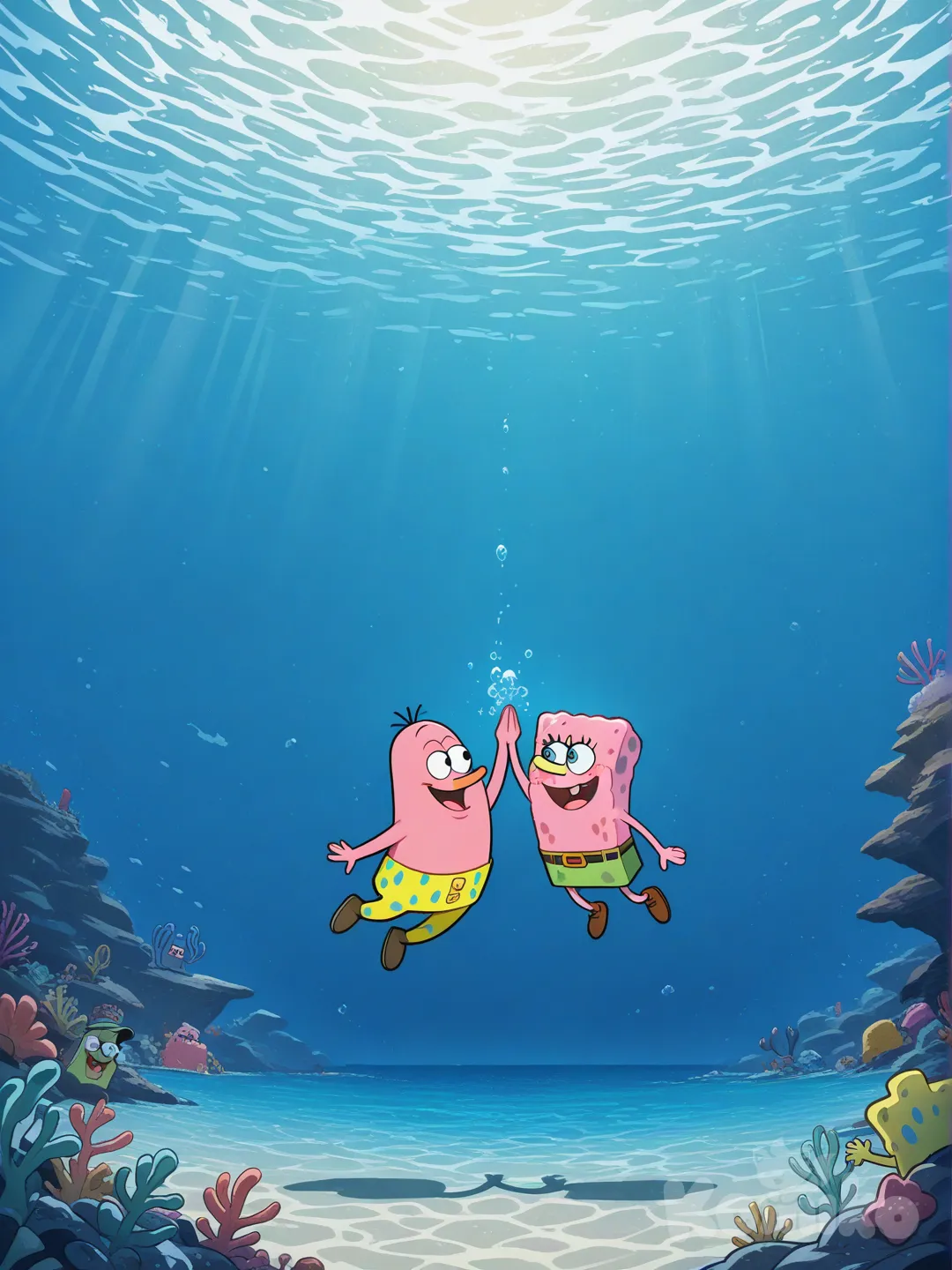 @Spongebob_Squarepants, @Patrick_Star, high five, ocean