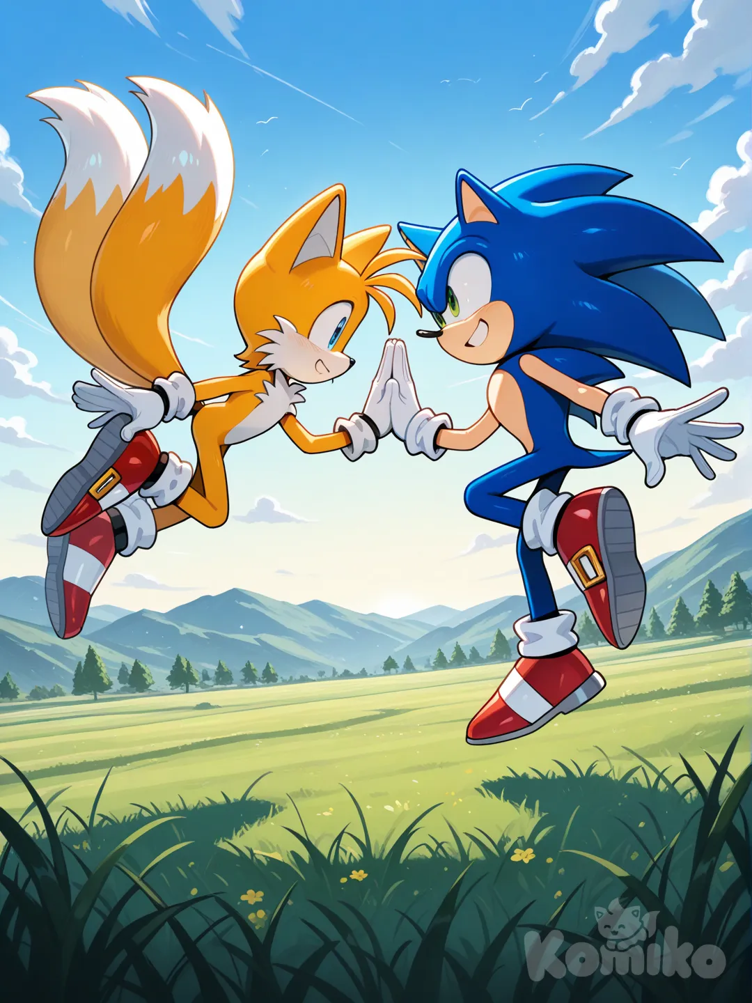 @Sonic_The_Hedgehog, @Tails_(Sonic), high five, grassland