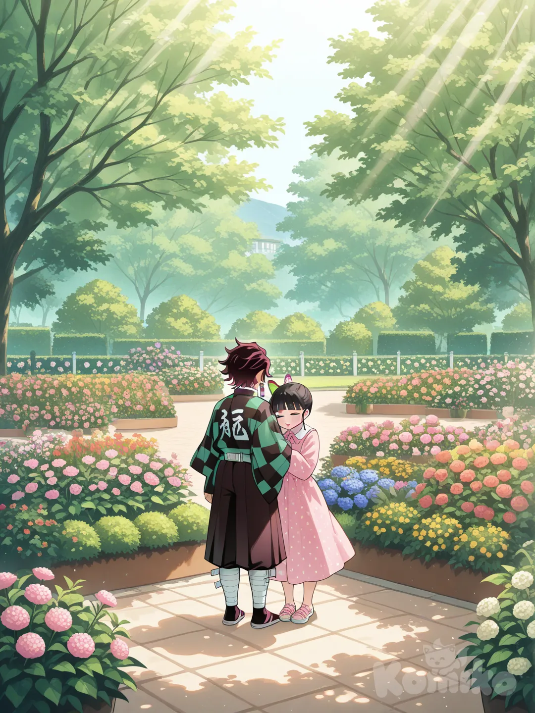 @Kamado_Tanjirou, @Tsuyuri_Kanao, hugging, garden