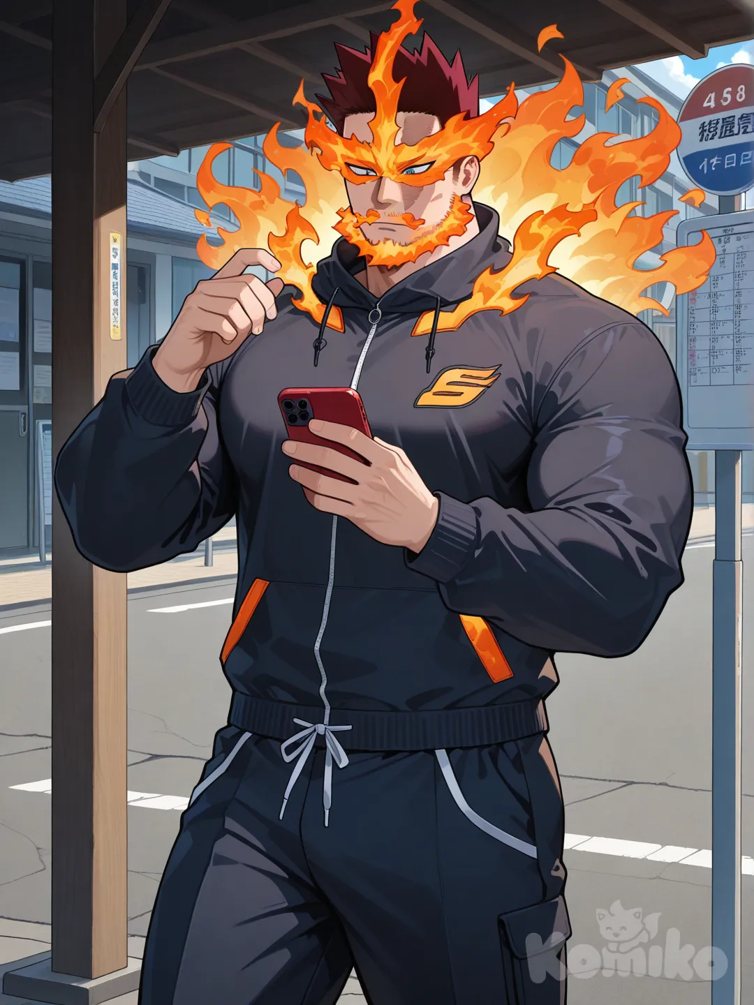 @Endeavor_(Boku_No_Hero_Academia), looking at phone, bus stop