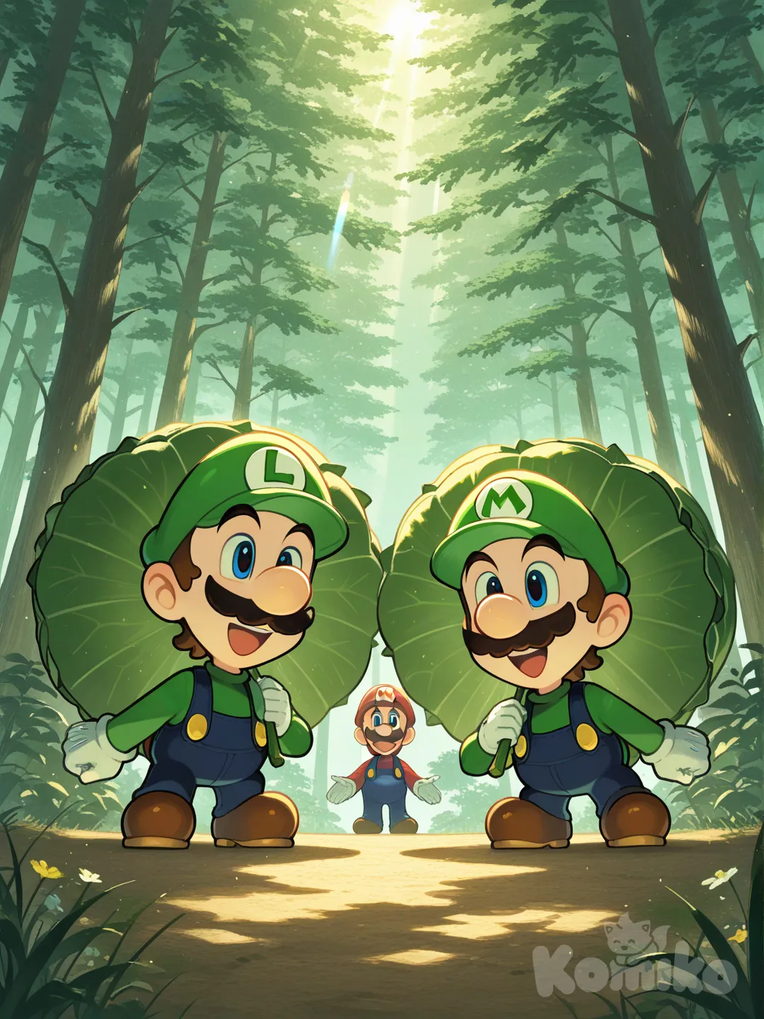@Mario, @Luigi, gathering together, forest