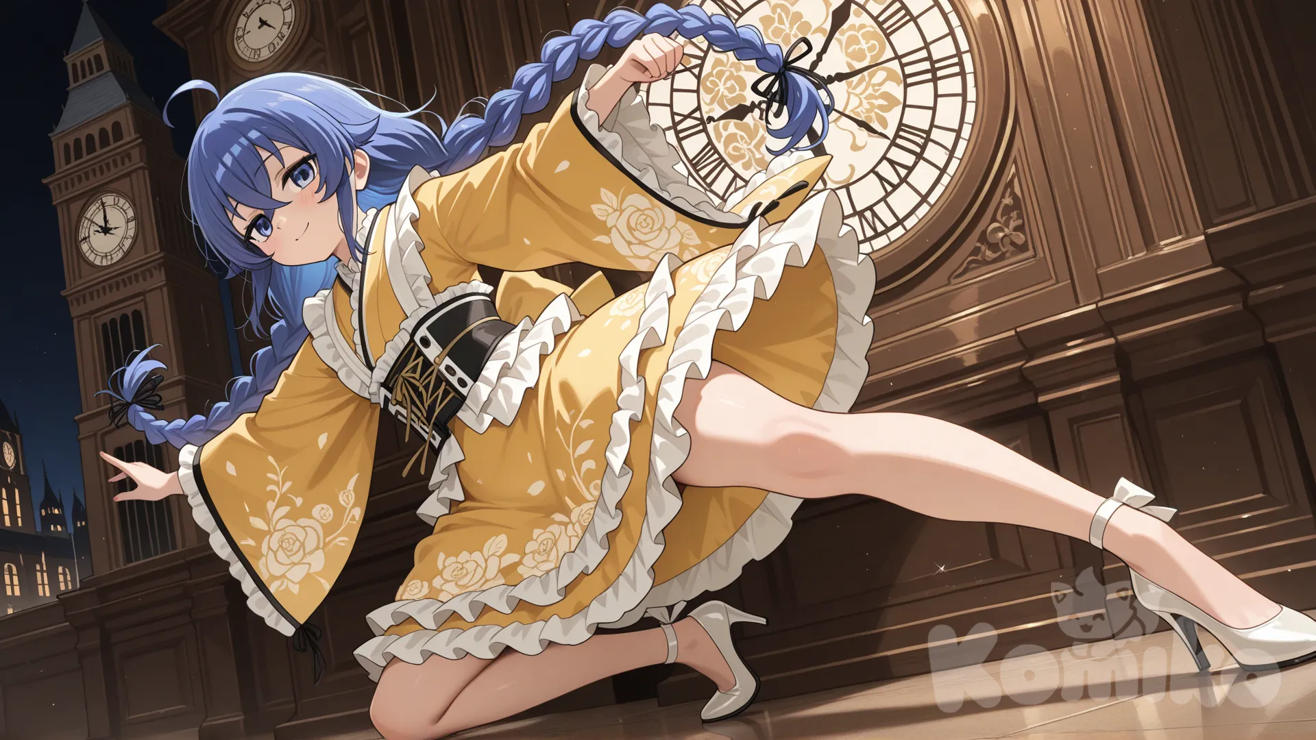 roxy migurdia, frilled kimono, dancing, clock tower, high heels, smile, closeup