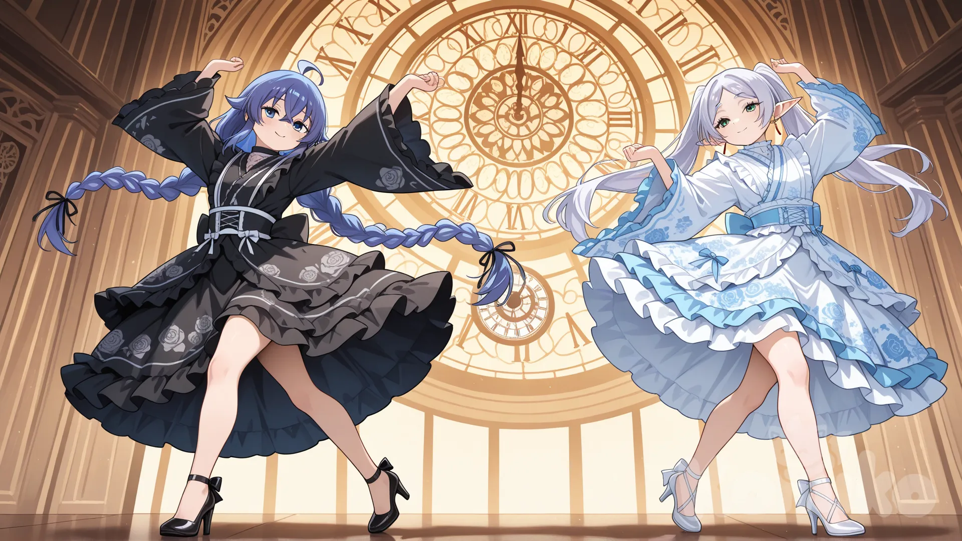 roxy migurdia, frilled kimono, dancing, clock tower, high heels, smile, closeup, frieren