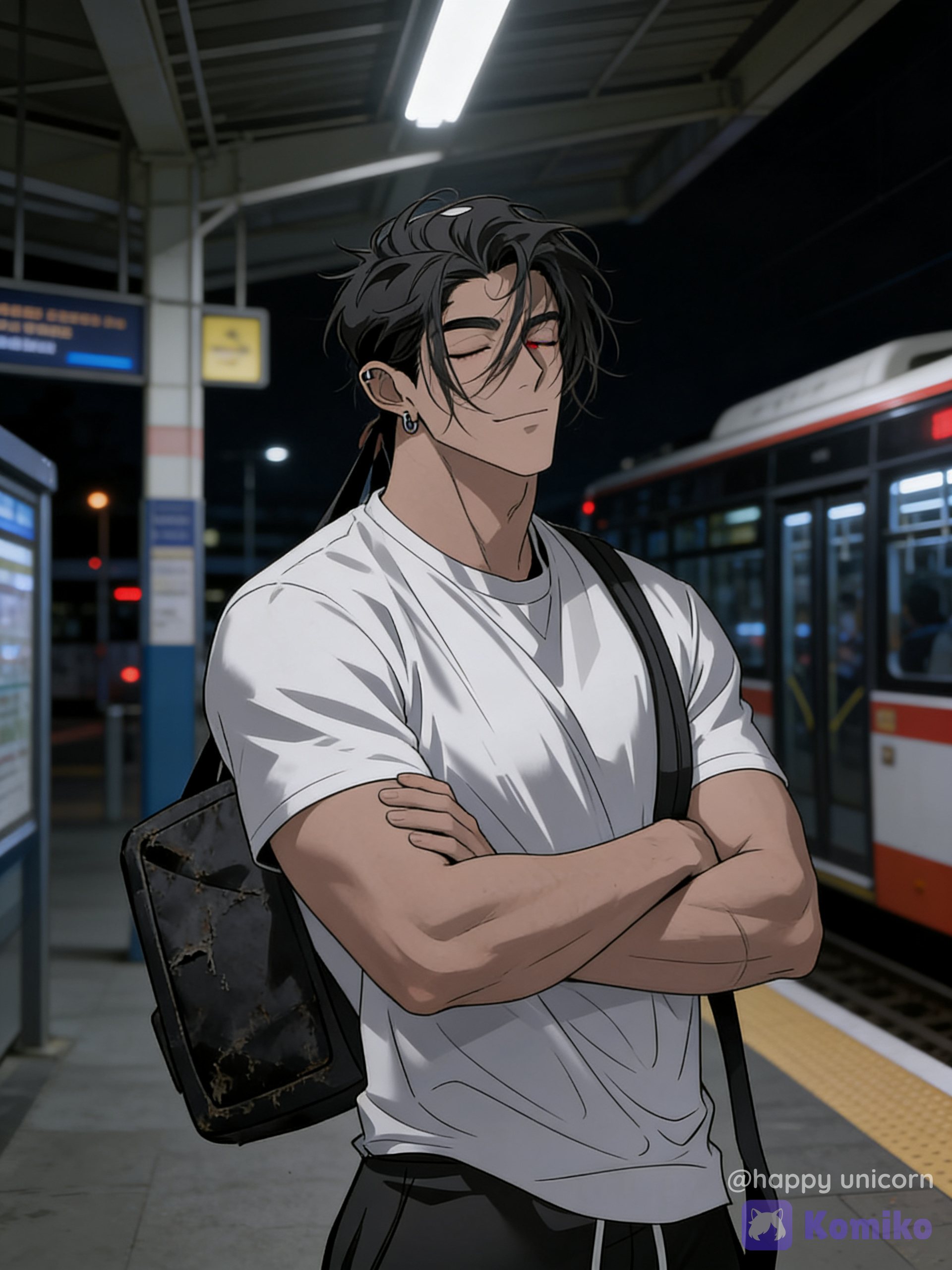 @cloud-wUV5, in a bus station at night with close eyes and crossed arms with his bag abd messing hair