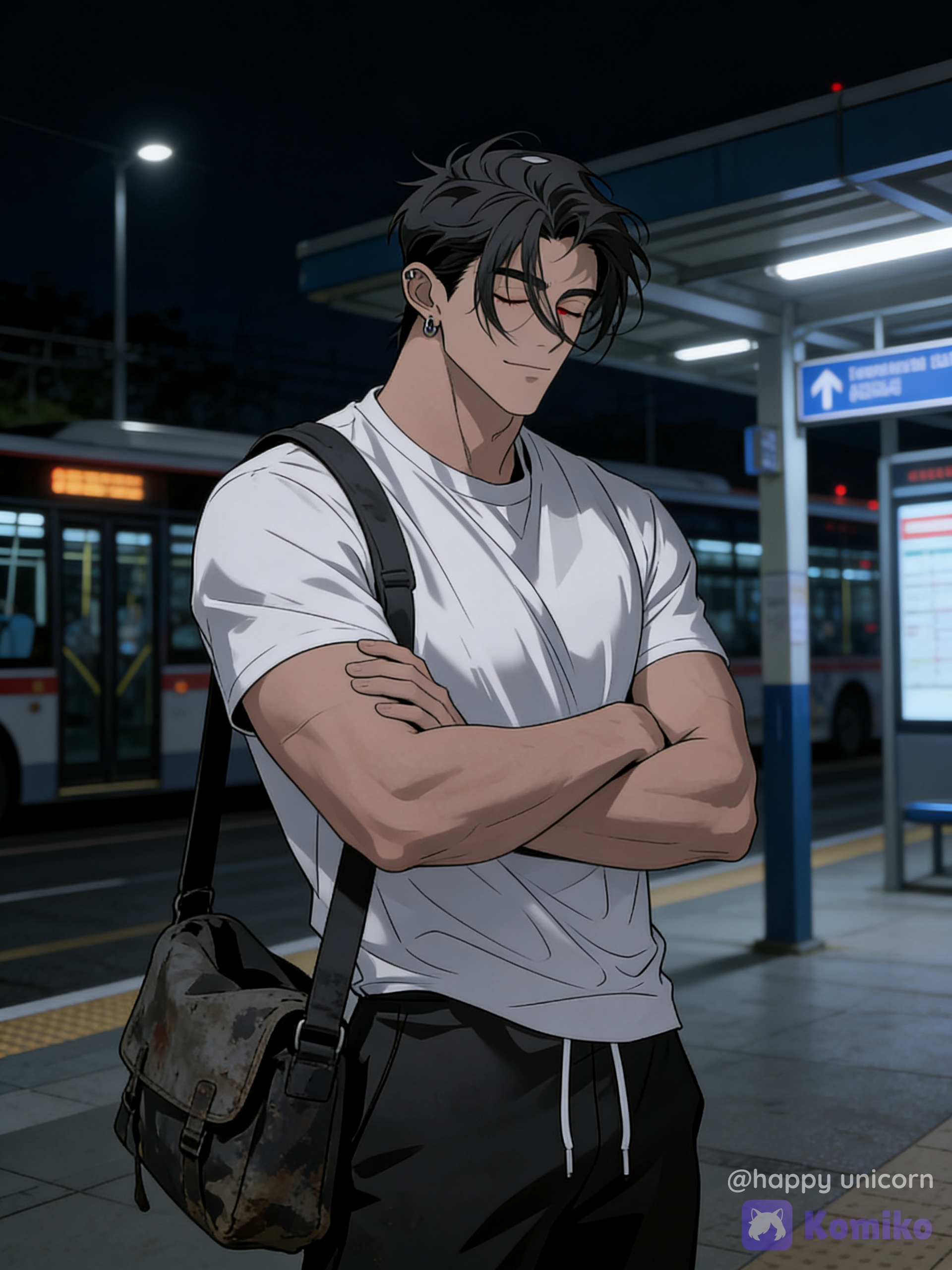 @cloud-wUV5, in a bus station at night with close eyes and crossed arms with his bag abd messing hair