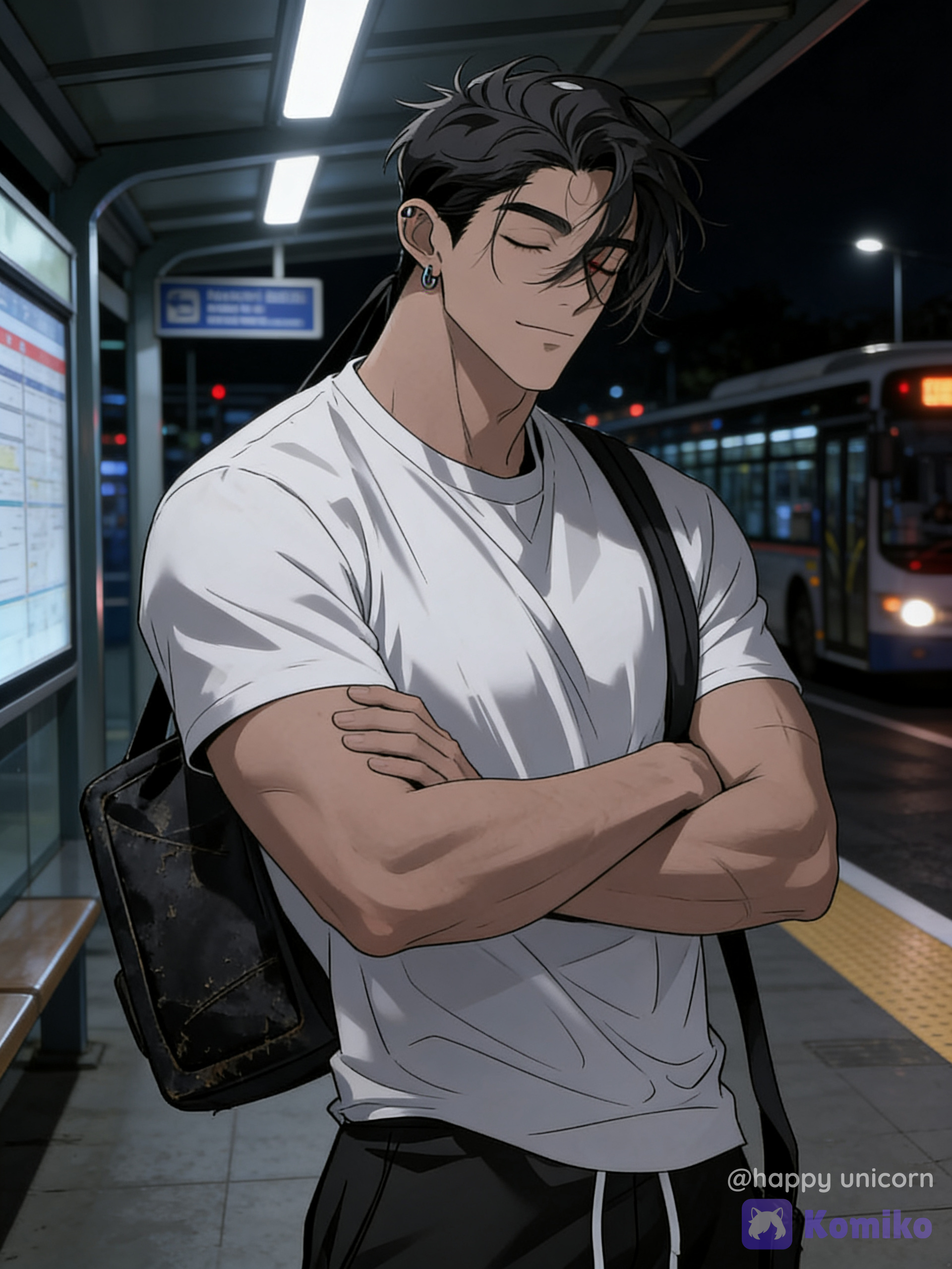 @cloud-wUV5, in a bus station at night with close eyes and crossed arms with his bag abd messing hair