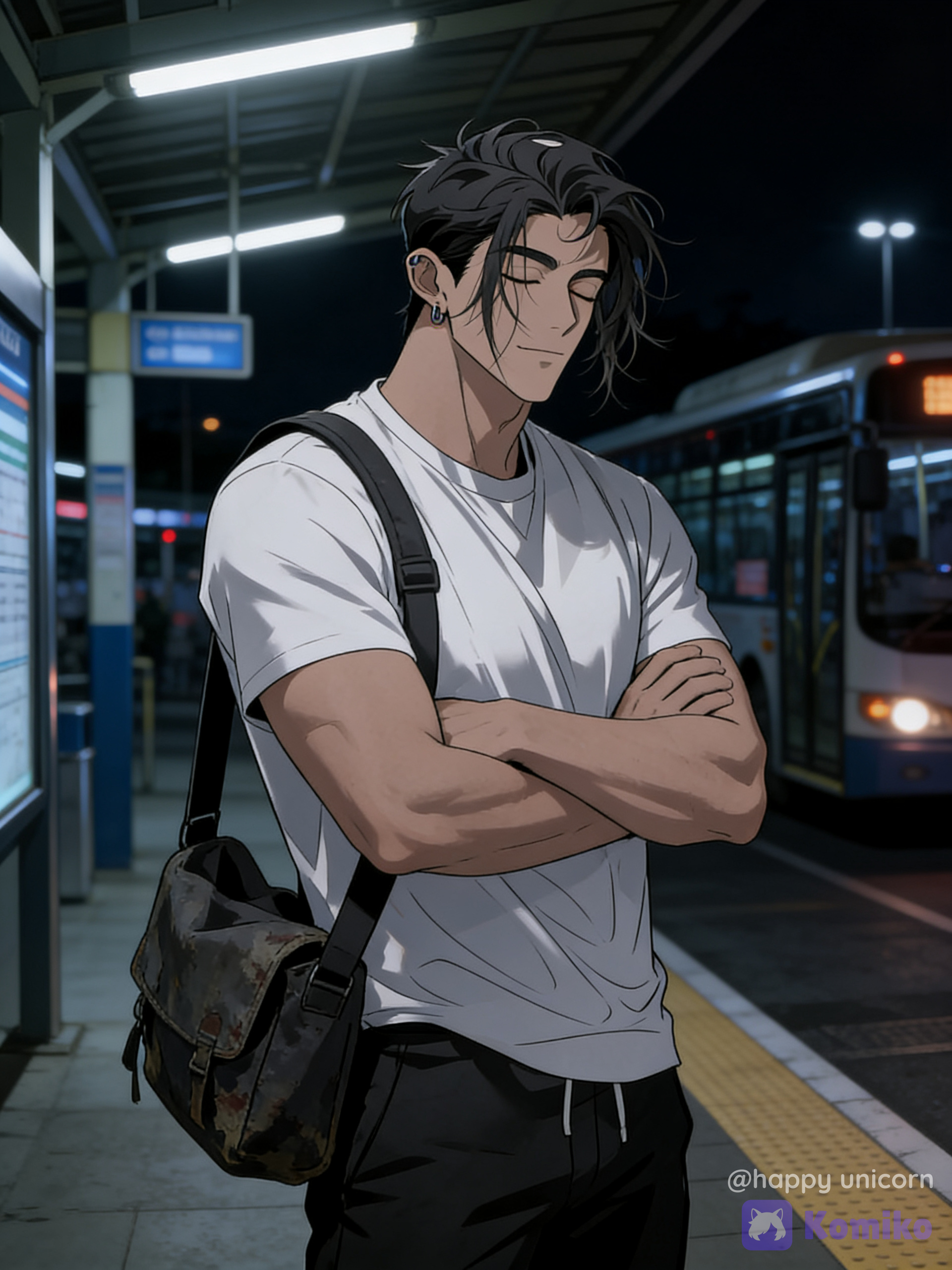 @cloud-wUV5, in a bus station at night with close eyes and crossed arms with his bag abd messing hair