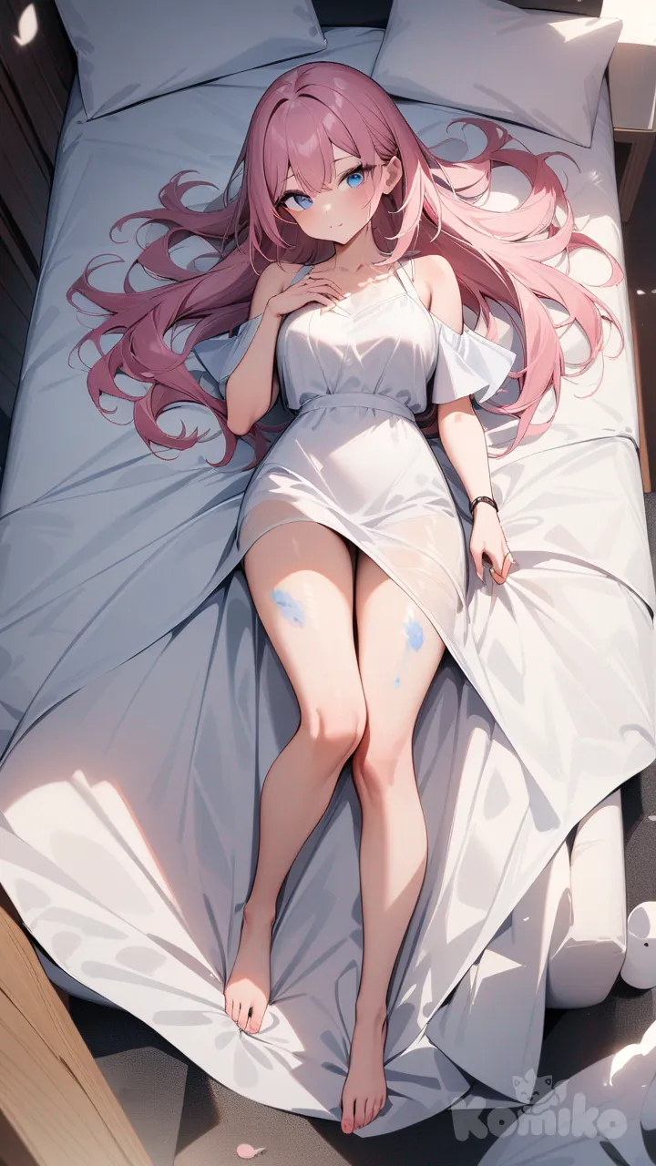 Chica cabello rosa, ojos azules, con sabana blanca que se transparente su cuerpo, cuerpo completo