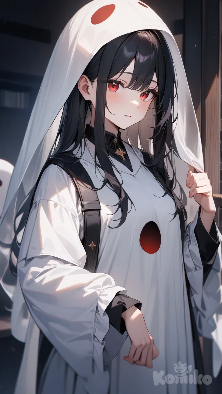 Chica, cabello negro largo y lacio, ojos rojos, vestida de fantasma
