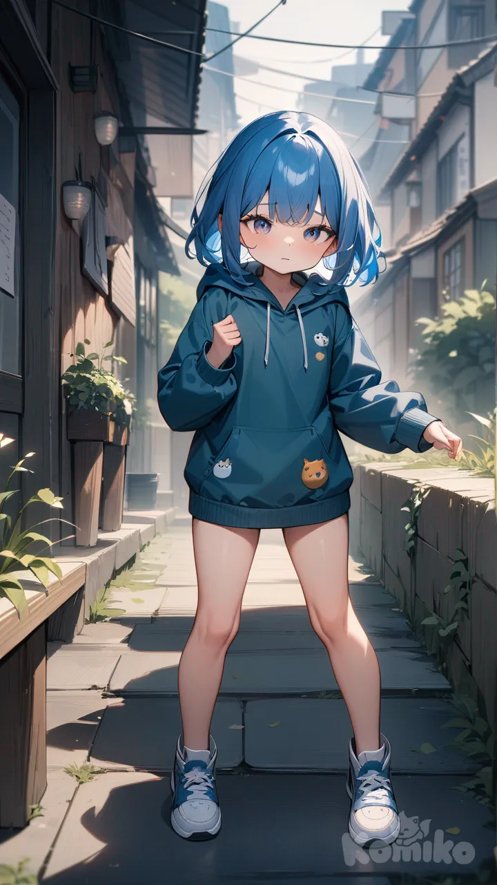 Chica pequeña cabello azul, solo sudadera de capucha, piernas desnudas, cuerpo completo
