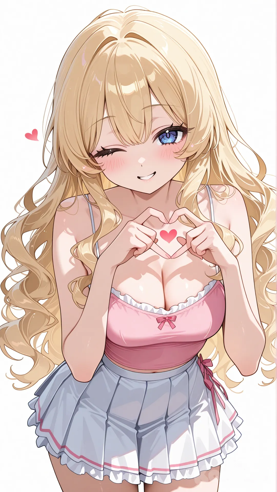 Chica, cabello ondulado rubio, ojos azules, falda de olanes corta, blusa de tirantes, sonrrisa coqueta, empinada un poco al frente, cerrando un ojo, haciendo un corazón con los dedos