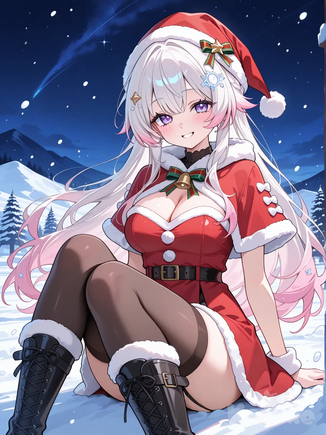 Chica cabello pastel con disfraz de navidad en un entorno con nieve