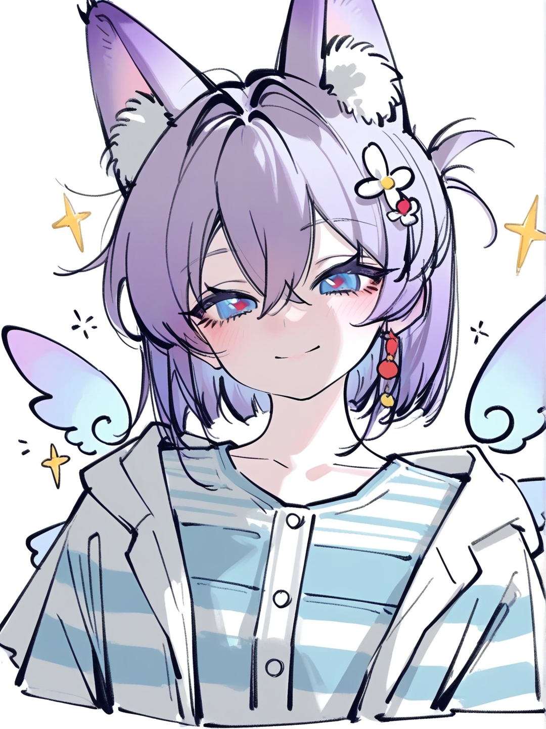 1girl, [soft-manga-pop-style], teenager, short, purple hair, blue eyes, fair skin, striped shirt, plastic, angle wings, hair accessory, fox ears