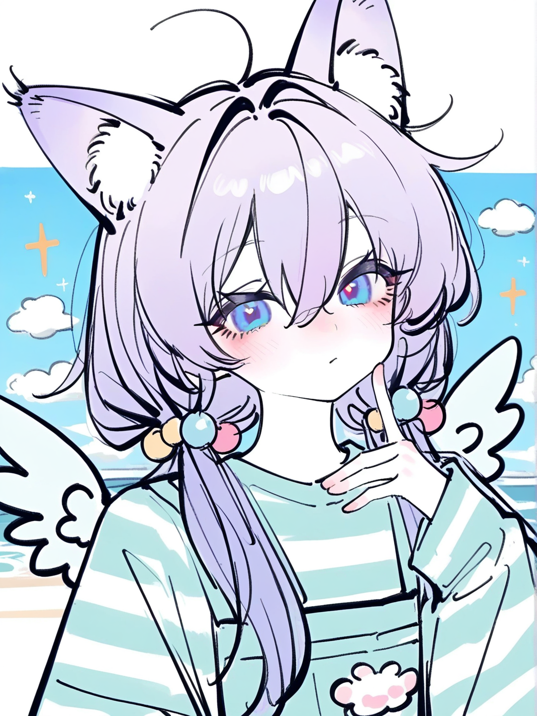 1girl, [soft-manga-pop-style], teenager, short, purple hair, blue eyes, fair skin, striped shirt, plastic, angle wings, hair accessory, fox ears