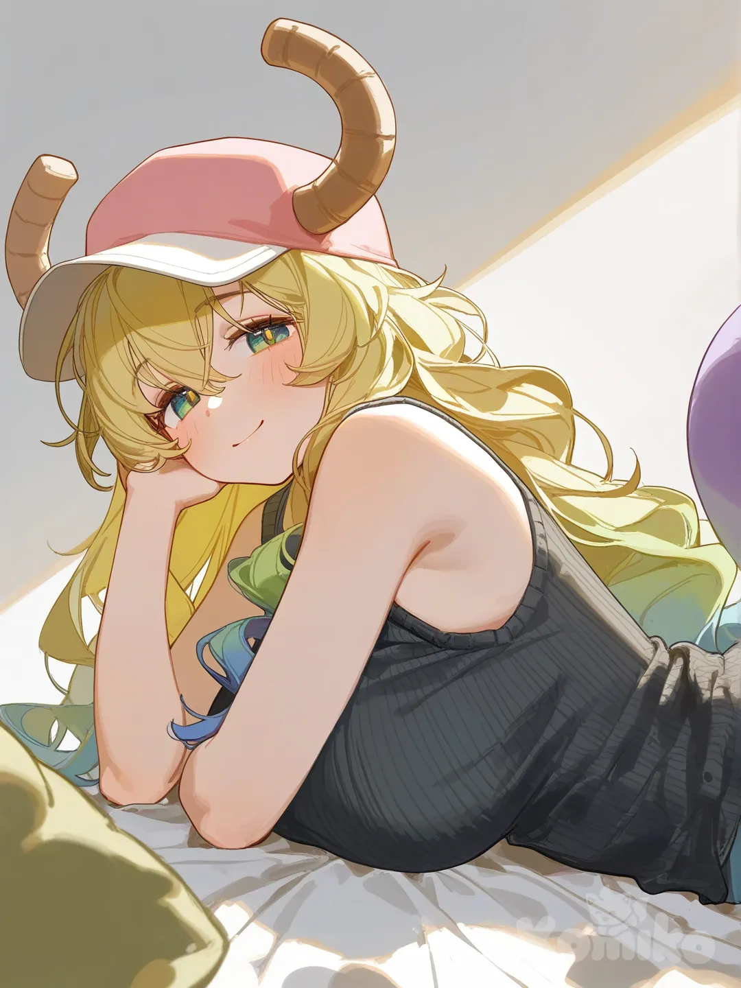 @Lucoa_(Maidragon), head tilt, lie on stomache, knitted vest, [lacquered-illustration-style]