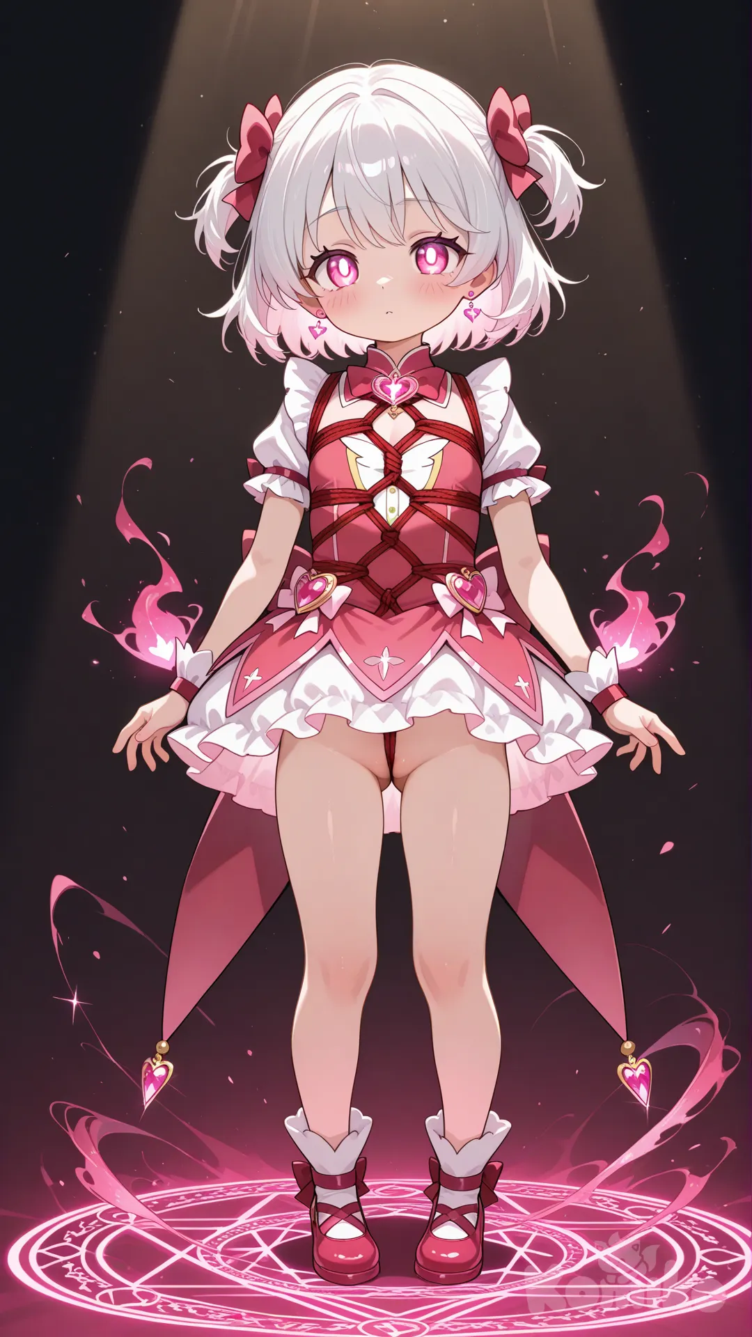 1girl, semi-nude, stood pose, glow lighting, magical girl jewels, flat chest, loli, full body, toddlercon, upskirt, no panties, magic circle, red, shibari