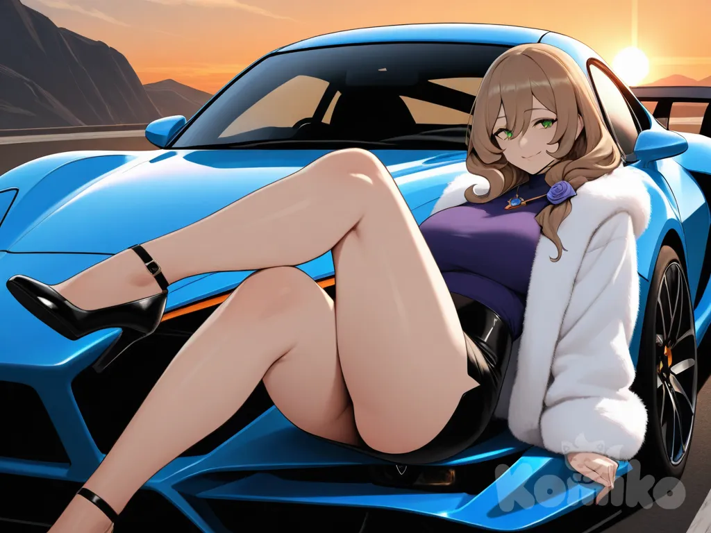 newest, very aesthetic, absurdres, (scenery:1.4), 8k, good anatomy, good shading, ultra refined details, high resolution, HD, masterwork, kurowa, uncensored, 1girl, solo, mature, lisa (genshin impact), hair between eyes, long hair, brown hair, green eyes, hair ornament, sitting on the hood of a 70's sports car, leg up, she had plump and sexy legs, wearing a fur coat and high heels,bright and sexy tight skirt,sunset,orange light shines all over the Earth,the polished chrome parts of the car reflect the light,she looked back with a sensual expression,cores brilhantes,cinematographic lighting,textura detalhada,Polished surface,creating a contrast between timeless sensuality and retro freshness.