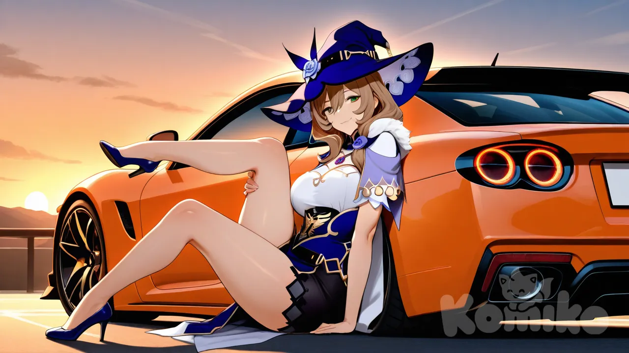 newest, very aesthetic, absurdres, (scenery:1.4), 8k, good anatomy, good shading, ultra refined details, high resolution, HD, masterwork, kurowa, uncensored, 1girl, solo, mature, lisa (genshin impact), hair between eyes, long hair, brown hair, green eyes, hair ornament, sitting on the hood of a 70's sports car, leg up, she had plump and sexy legs, wearing a fur coat and high heels,bright and sexy tight skirt,sunset,orange light shines all over the Earth,the polished chrome parts of the car reflect the light,she looked back with a sensual expression,cores brilhantes,cinematographic lighting,textura detalhada,Polished surface,creating a contrast between timeless sensuality and retro freshness.