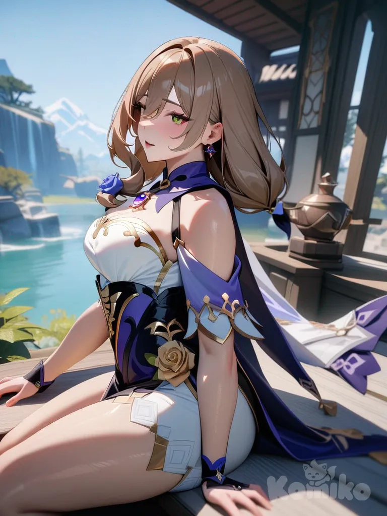 newest, very aesthetic, absurdres, (scenery:1.4), 8k, good anatomy, good shading, ultra refined details, high resolution, HD, masterwork, kurowa, uncensored, 1girl, solo, mature, lisa (genshin impact), hair between eyes, long hair, brown hair, green eyes, hair ornament, sitting on the hood of a 70's sports car, leg up, she had plump and sexy legs, wearing a fur coat and high heels,bright and sexy tight skirt,sunset,orange light shines all over the Earth,the polished chrome parts of the car reflect the light,she looked back with a sensual expression,cores brilhantes,cinematographic lighting,textura detalhada,Polished surface,creating a contrast between timeless sensuality and retro freshness.