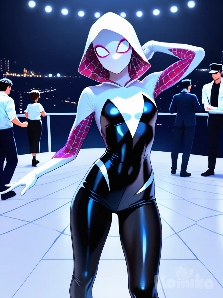 1boy, 1girl, 2people, Kujo Jotaro, Spider-Gwen, [high-contrast-glossy-style], dancing, full body, looking at viewer, panoramic lens, cowboy shot