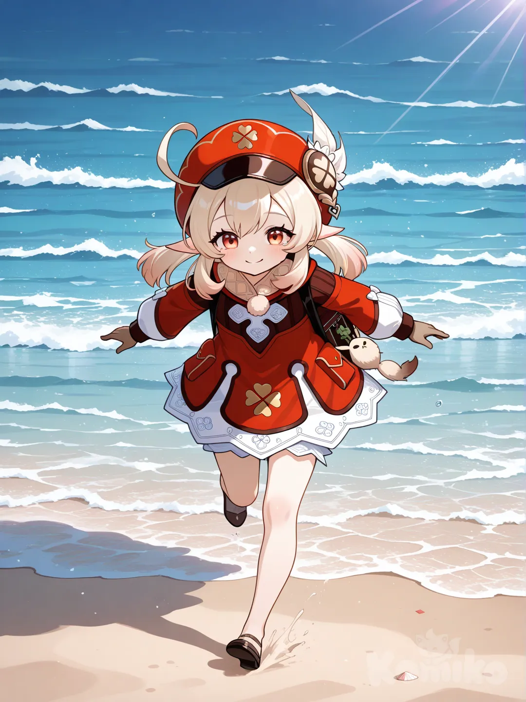U,@Klee_(Genshin_Impact) , en la playa , corriendo