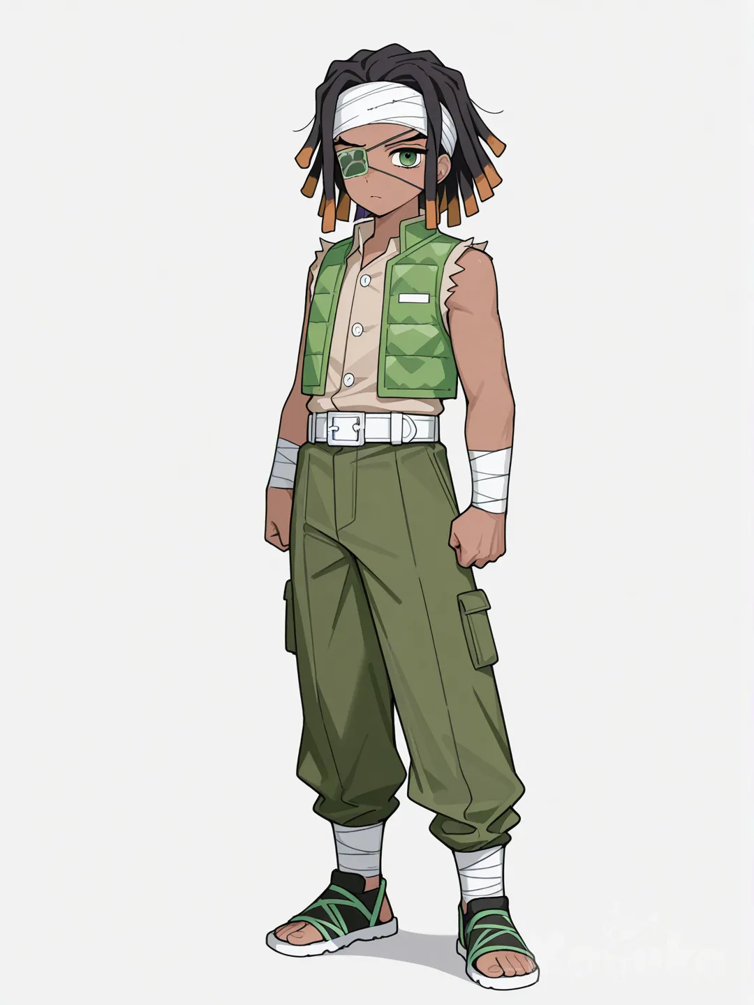 [toon-shaded-style] 1boy, child, slim, dreadlocks, green_eyes, dimples, dark_skin, vest, cargo_pants, eyepatch, headband, demon_slayer_style, single character, full body, looking_at_viewer, anime_style, simple_background, white_background