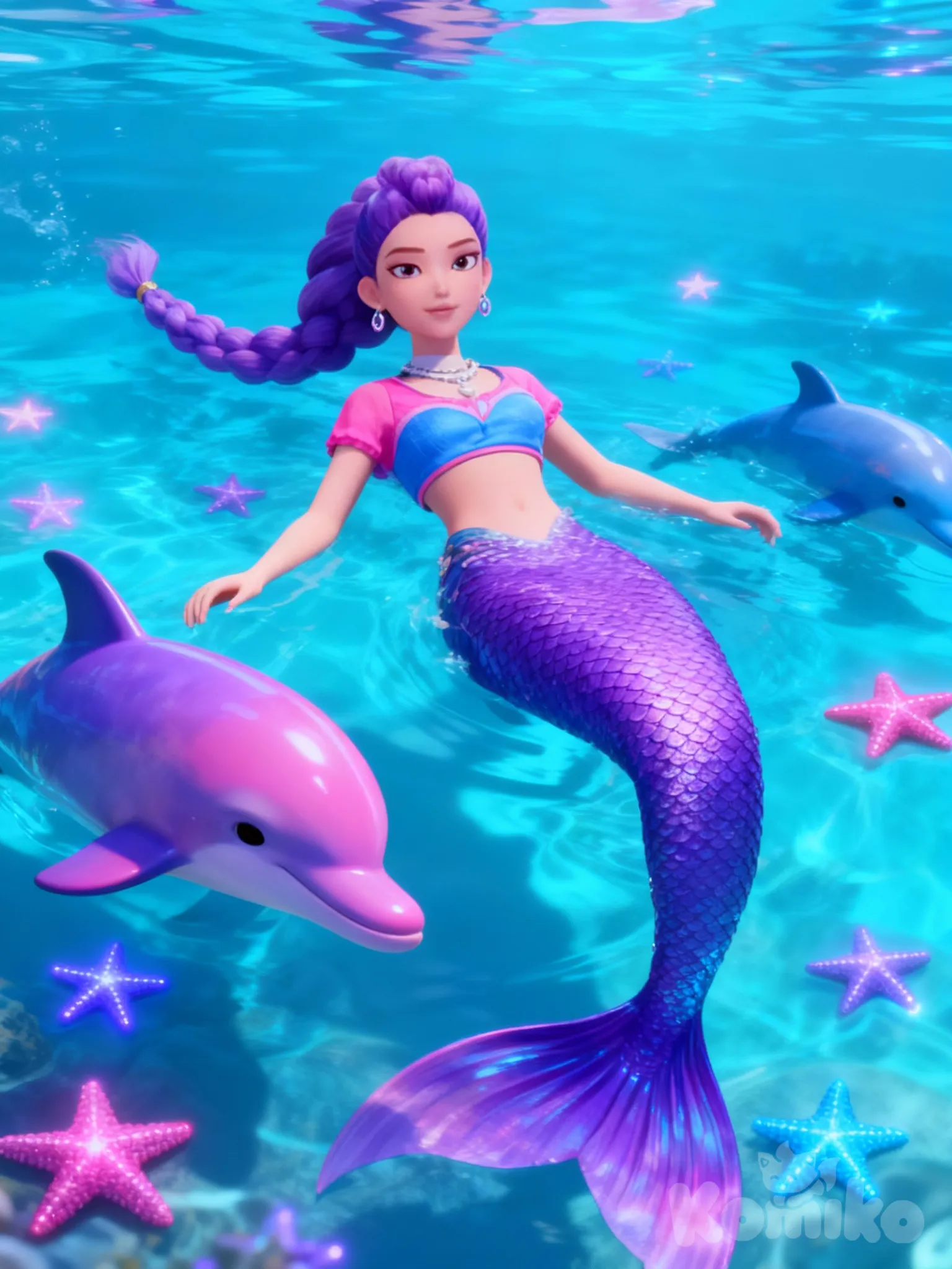 @Rumi, with a perpule mermaid tail with a pink and blue top and in water next to a puerperal pink blue dolfin and glowing starfish that are perpule pink and blue one braid huntrix ear rings the whole braid is perpule, full body, portrait, looking at viewer