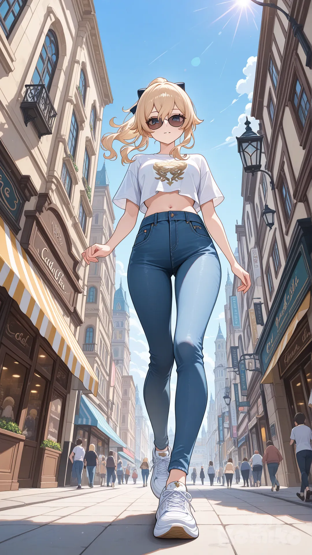 @Jean_(Genshin_Impact) cool big sister style

 #looking at viewer #side down view #fullbody

#cool post #funny

, A thin white crop top., jeans, running shoes, sun glasses

relax , Taking a stroll, walking on a sidewalk , on a sunnyday , in the shopping sreet in capital city.