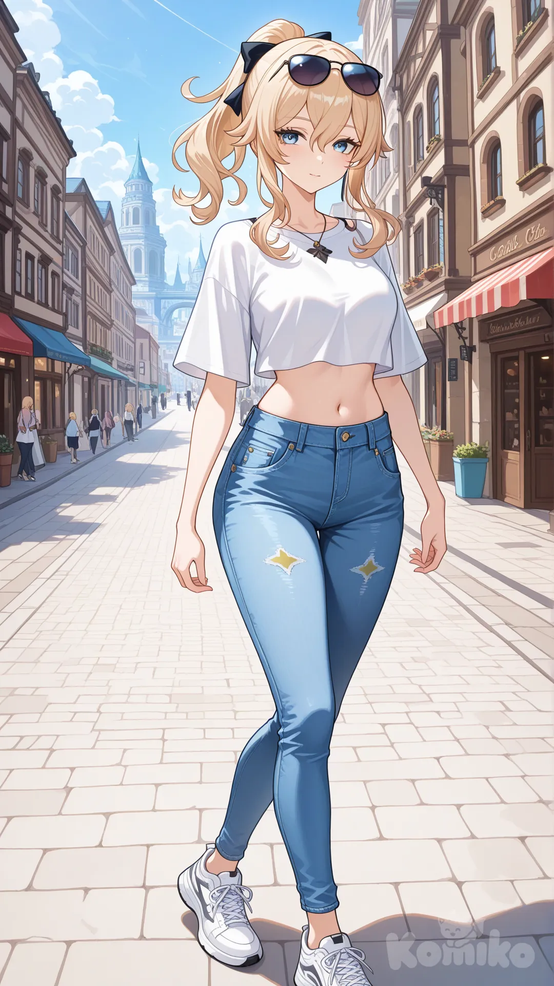 @Jean_(Genshin_Impact) cool big sister style

 #looking at viewer #side view #upper body

#cool post #funny

, A thin white crop top., jeans, running shoes, sun glasses

relax , Taking a stroll, walking on a sidewalk , on a sunnyday , in the shopping sreet in capital city.