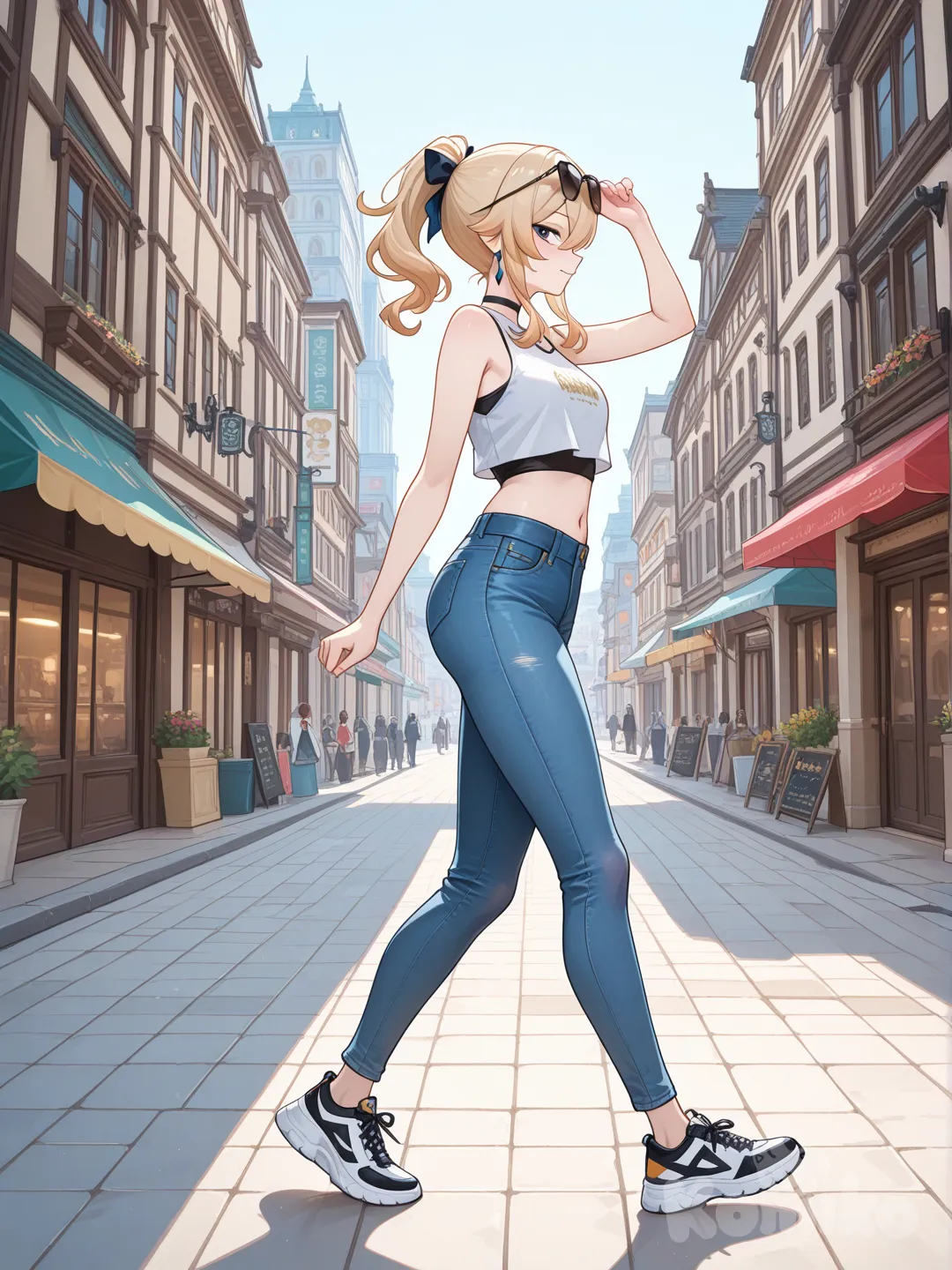 @Jean_(Genshin_Impact) cool big sister style

 #looking at viewer #side view # upper body (Focus on the upper body, from the waist up.)

#cool post #funny

, A thin white crop top., jeans, running shoes, sun glasses

relax , Taking a stroll, walking on a sidewalk , on a sunnyday , in the shopping sreet in capital city.