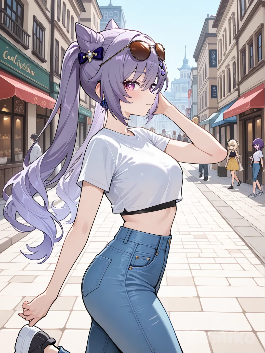 @Keqing_(Genshin_Impact) cool big sister style
#looking at viewer #side view # upper body (Focus on the upper body, from the waist up.)
#cool post #funny
, A thin violet crop top., jeans, running shoes, sun glasses
relax , Taking a stroll, walking on a sidewalk , on a sunnyday , in the shopping sreet in capital city.