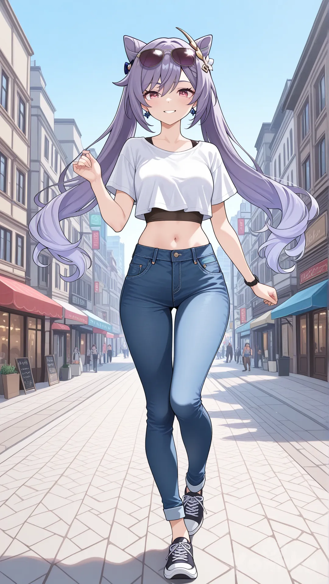 @Keqing_(Genshin_Impact) cool big sister style

 #looking at viewer #side view # upper body (Focus on the upper body, from the waist up.)

#cool post #funny

, A thin violet crop top., jeans, running shoes, sun glasses

relax , Taking a stroll, walking on a sidewalk , on a sunnyday , in the shopping sreet in capital city.